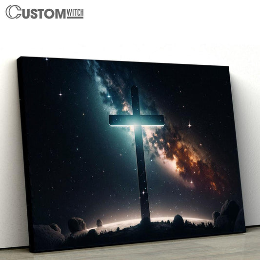 Big Cross Against Background Night Starry Sky Canvas Pictures - Faith Art - Christian Canvas Wall Art Decor