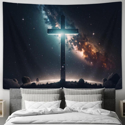 Big Cross Against Background Night Starry Sky Tapestry Pictures - Faith Art - Christian Tapestry Wall Art Decor