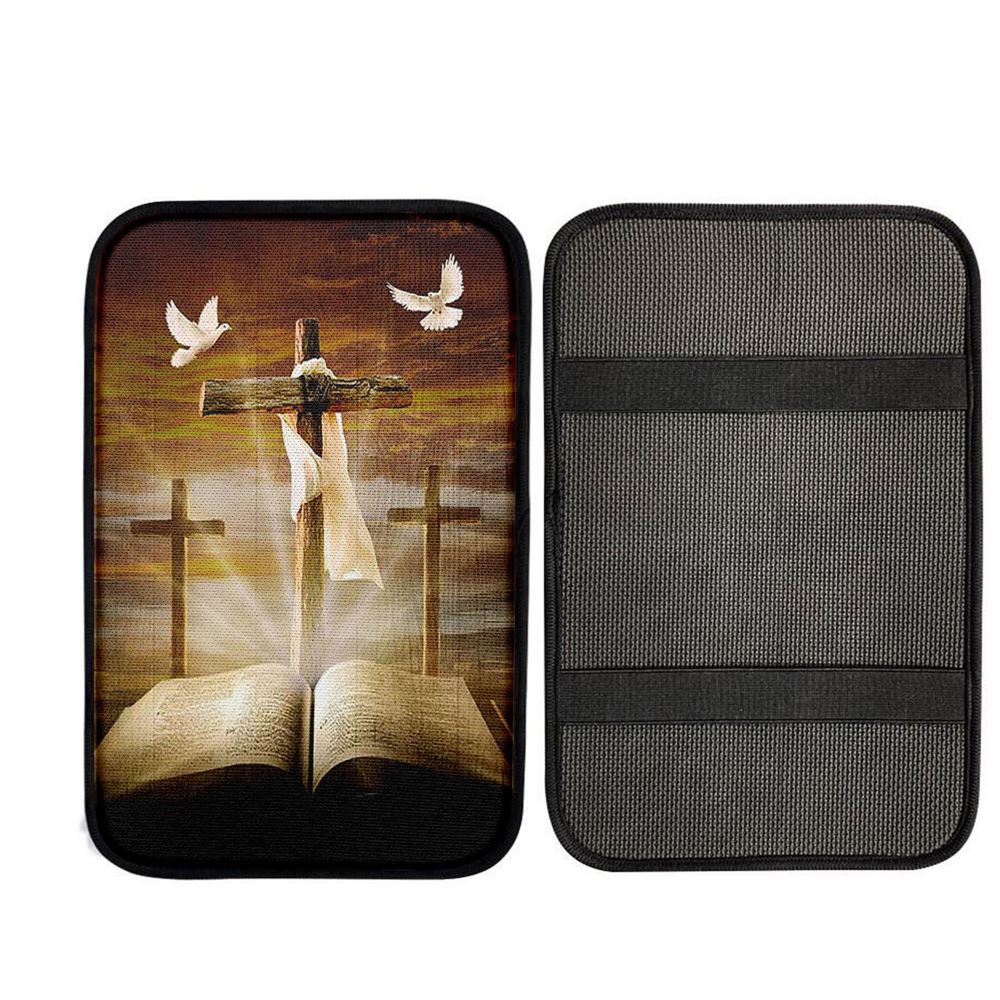 Big Cross Amazing Halo Bible White Dove Car Center Console Cover, Christian Car Interior Accessories