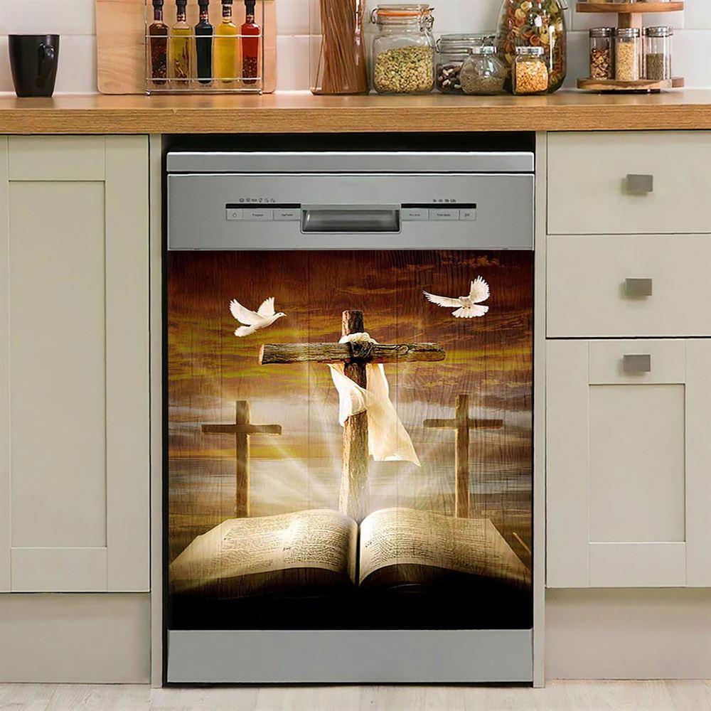 Big Cross Amazing Halo Bible White Dove Dishwasher Cover, Bible Verse Dishwasher Magnet Cover, Inspirational Kitchen Decor