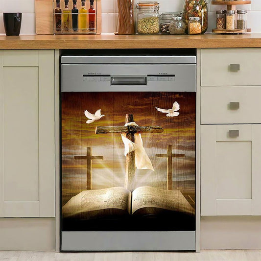 Big Cross Amazing Halo Bible White Dove Dishwasher Cover, Bible Verse Dishwasher Magnet Cover, Inspirational Kitchen Decor