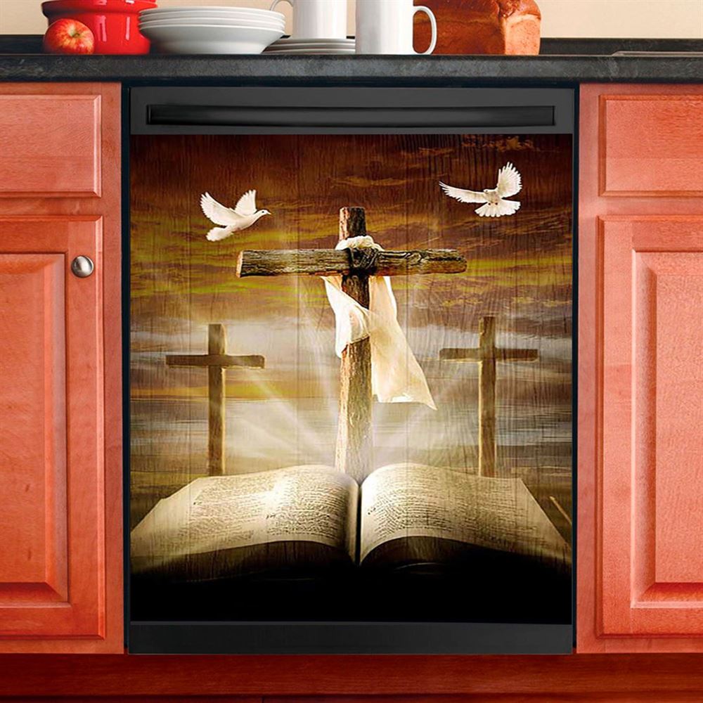 Big Cross Amazing Halo Bible White Dove Dishwasher Cover, Bible Verse Dishwasher Magnet Cover, Inspirational Kitchen Decor