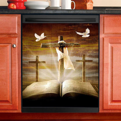 Big Cross Amazing Halo Bible White Dove Dishwasher Cover, Bible Verse Dishwasher Magnet Cover, Inspirational Kitchen Decor