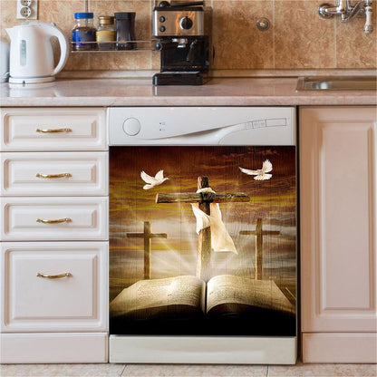 Big Cross Amazing Halo Bible White Dove Dishwasher Cover, Bible Verse Dishwasher Magnet Cover, Inspirational Kitchen Decor