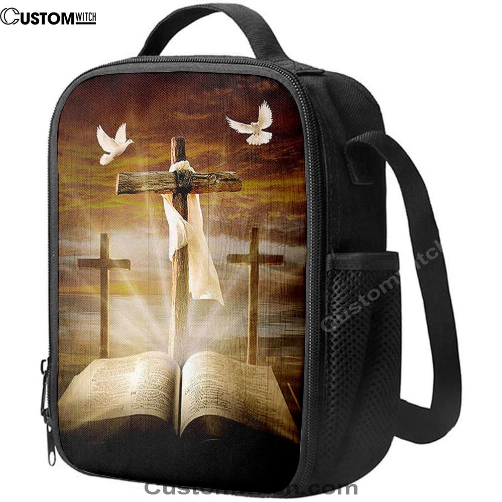 Big Cross Amazing Halo Bible White Dove Lunch Bag, Christian Lunch Bag For School, Picnic, Religious Lunch Bag