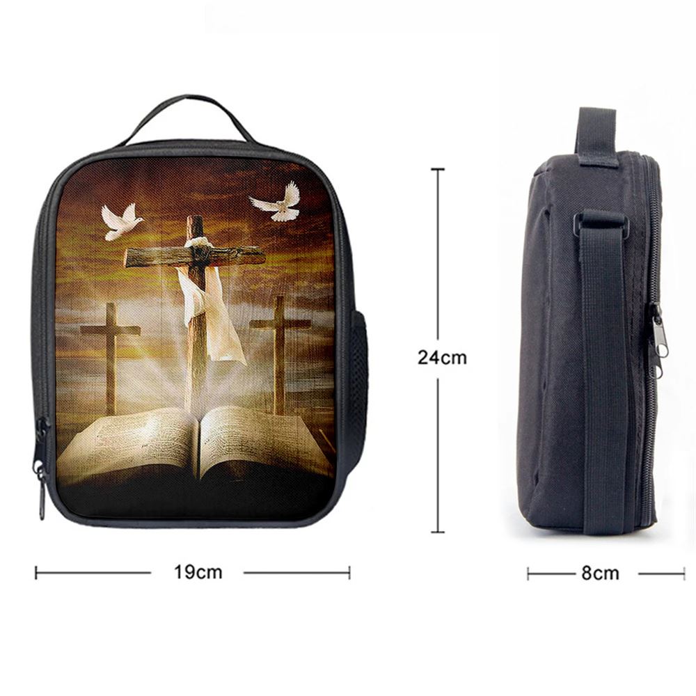 Big Cross Amazing Halo Bible White Dove Lunch Bag, Christian Lunch Bag For School, Picnic, Religious Lunch Bag