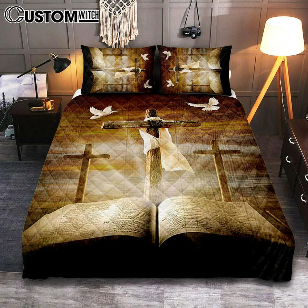 Big Cross Amazing Halo Bible White Dove Quilt Bedding Set Bedroom - Bible Verse Quilt Bedding Set Art - Christian Home Decor