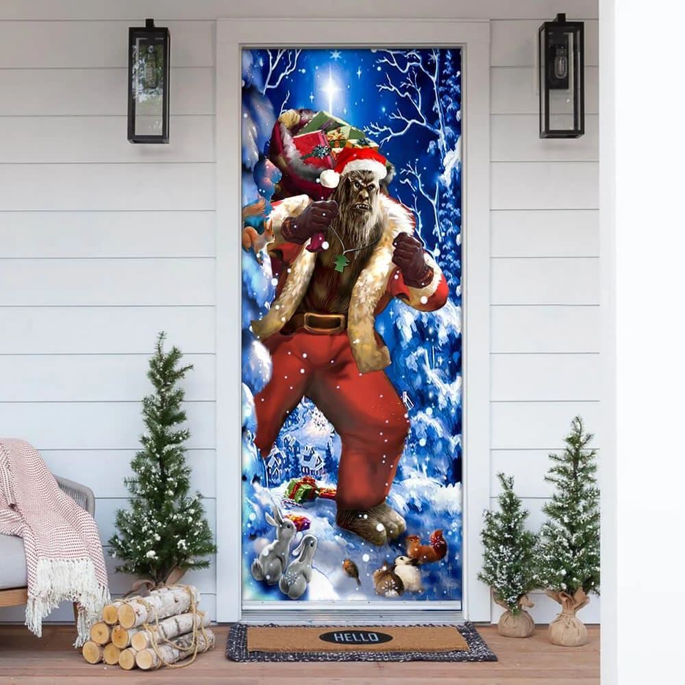 Bigfoot Door Cover Christmas Forest Decor, Front Door Christmas Cover, Christmas Door Knob Covers, Christmas Outdoor Decoration