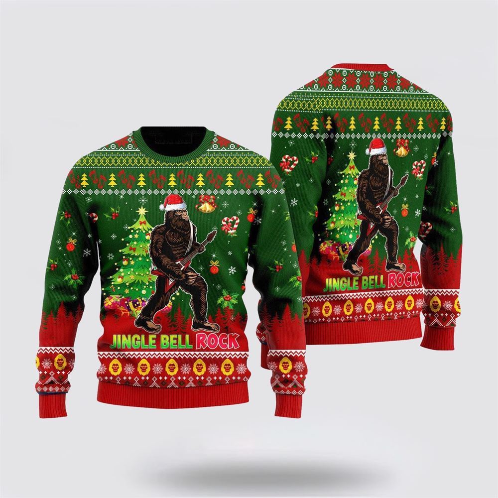 Bigfoot Playing Guitar Jingle Bell Rock Ugly Christmas Sweater, Best Gift For Christmas, Bigfoot Crewneck Sweater, Christmas Winter Fashion