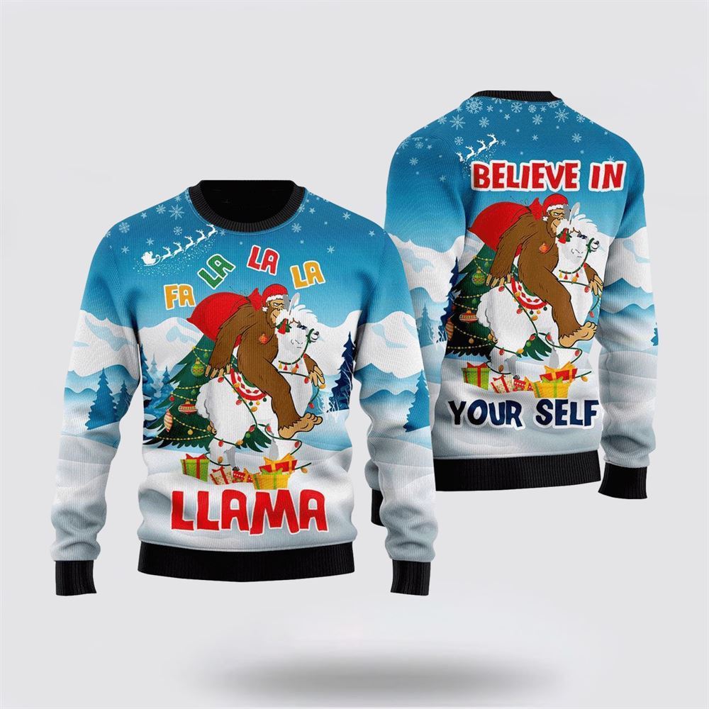 Bigfoot Riding Llama Ugly Christmas Sweater, Best Gift For Christmas, Bigfoot Crewneck Sweater, Christmas Winter Fashion