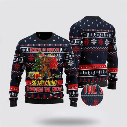 Bigfoot Squats Through The Snow Ugly Christmas Sweater, Best Gift For Christmas, Bigfoot Crewneck Sweater, Christmas Winter Fashion