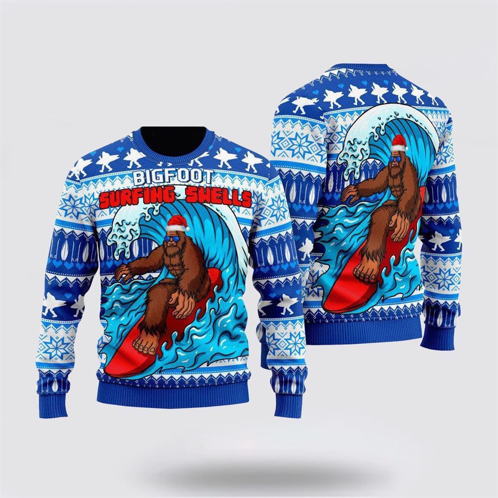 Bigfoot Surfing Swells Ugly Christmas Sweater, Best Gift For Christmas, Bigfoot Crewneck Sweater, Christmas Winter Fashion