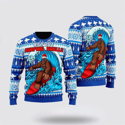 Bigfoot Surfing Swells Ugly Christmas Sweater, Best Gift For Christmas, Bigfoot Crewneck Sweater, Christmas Winter Fashion