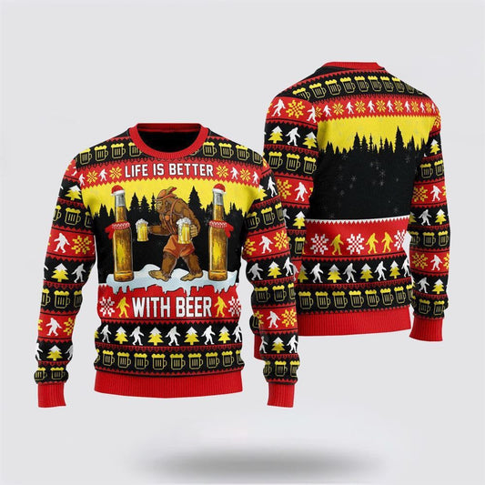 Bigfoot Sweater, Christmas Is Better With Beer Ugly Christmas Sweater, Best Gift For Christmas, Bigfoot Crewneck Sweater, Christmas Winter Fashion