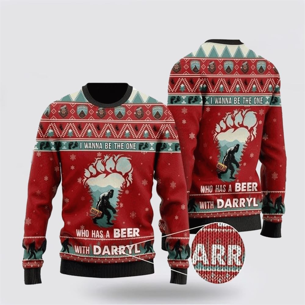 Bigfoot Sweater, Who Has A Beer Whit Darryl Ugly Christmas Sweater, Best Gift For Christmas, Bigfoot Crewneck Sweater, Christmas Winter Fashion