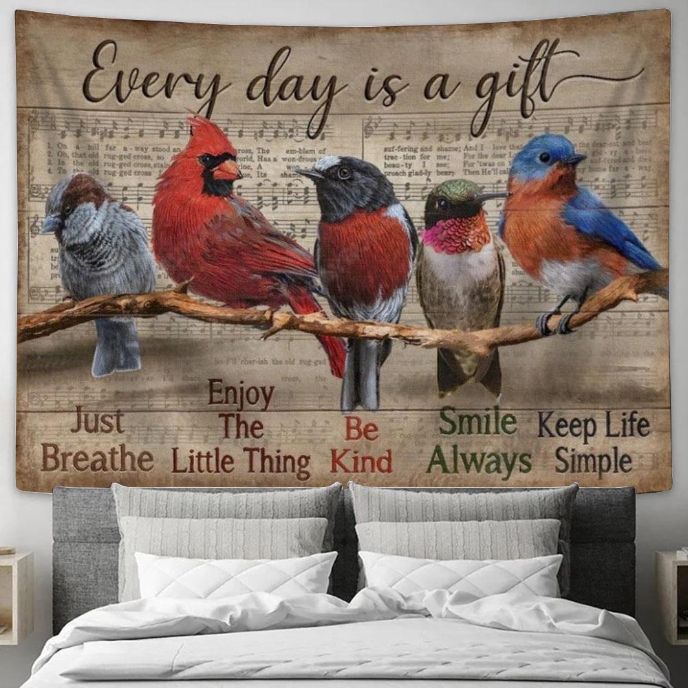 Bird Painting, Red Cardinal, Eastern Bluebird, Every Day Is A Gift Tapestry, Tapestries for Living Room Bedroom