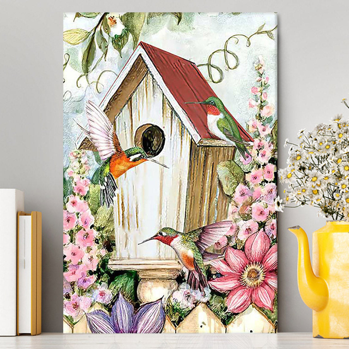 Birdhouse Hummingbird Pink Flower Garden Canvas Wall Art - Christian Canvas Prints - Bible Verse Canvas Art