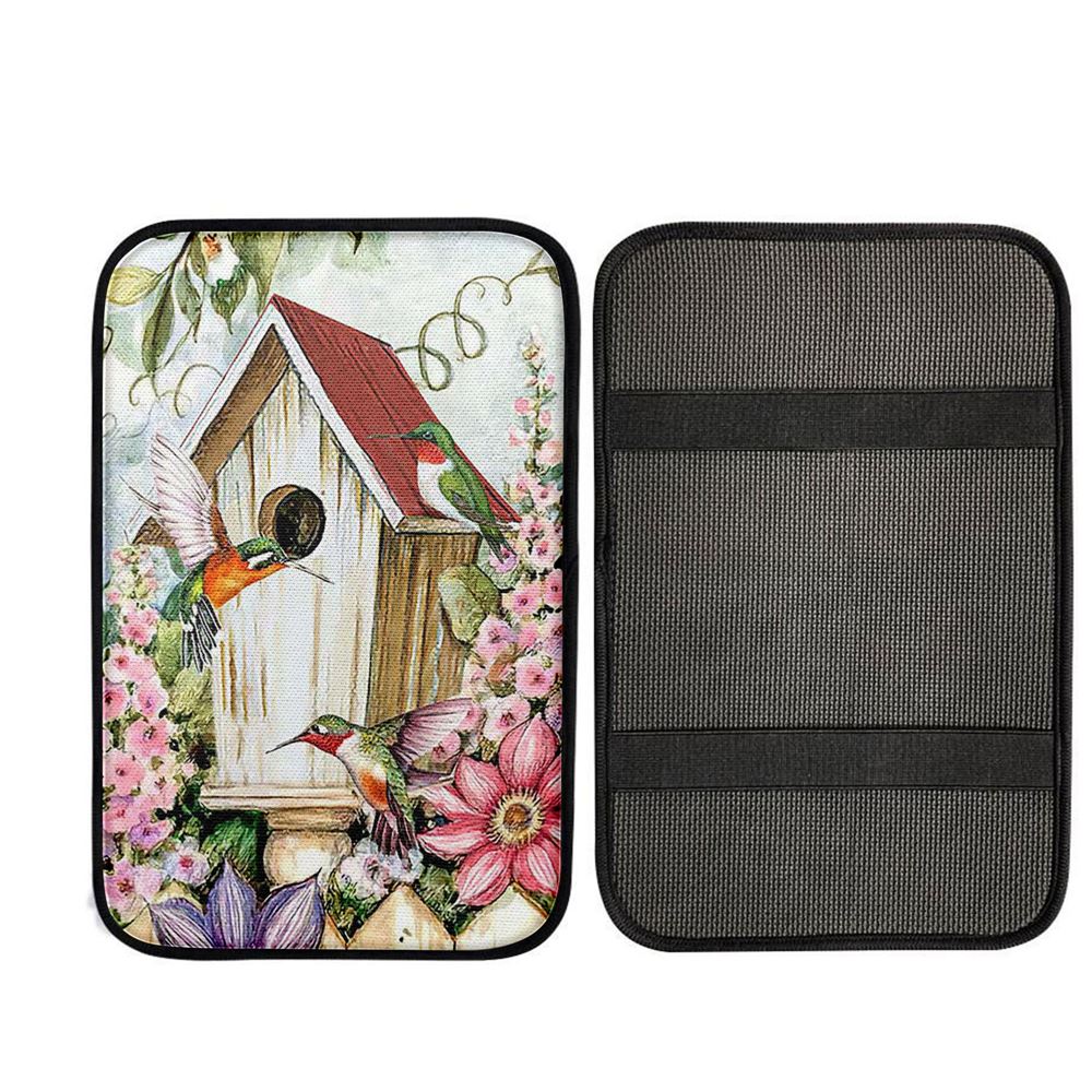 Birdhouse Hummingbird Pink Flower Garden Car Center Console Cover, Christian Car Interior Accessories