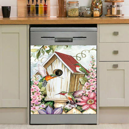 Birdhouse Hummingbird Pink Flower Garden Dishwasher Cover, Christian Dishwasher Magnet Cover, Bible Verse Kitchen Decor