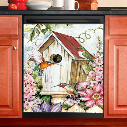Birdhouse Hummingbird Pink Flower Garden Dishwasher Cover, Christian Dishwasher Magnet Cover, Bible Verse Kitchen Decor