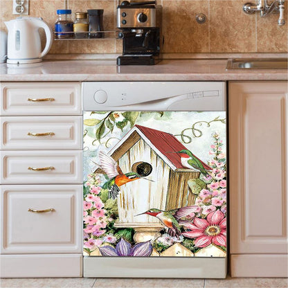Birdhouse Hummingbird Pink Flower Garden Dishwasher Cover, Christian Dishwasher Magnet Cover, Bible Verse Kitchen Decor