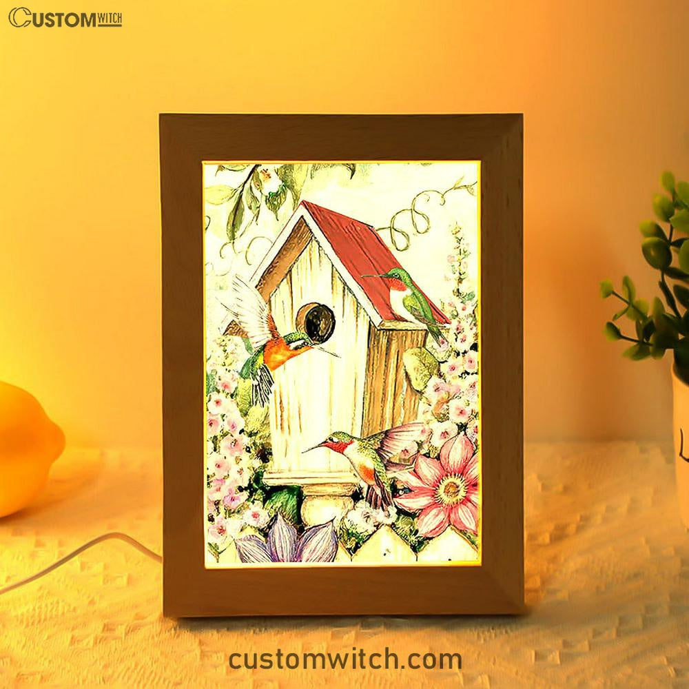 Birdhouse Hummingbird Pink Flower Garden Frame Lamp Art - Christian Night Light - Bible Verse Wooden Lamp