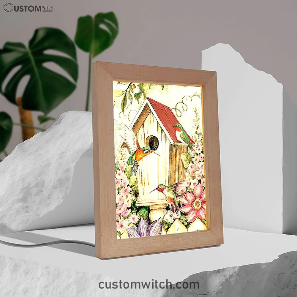 Birdhouse Hummingbird Pink Flower Garden Frame Lamp Art - Christian Night Light - Bible Verse Wooden Lamp