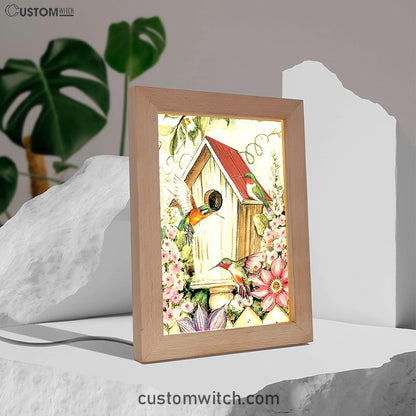 Birdhouse Hummingbird Pink Flower Garden Frame Lamp Art - Christian Night Light - Bible Verse Wooden Lamp