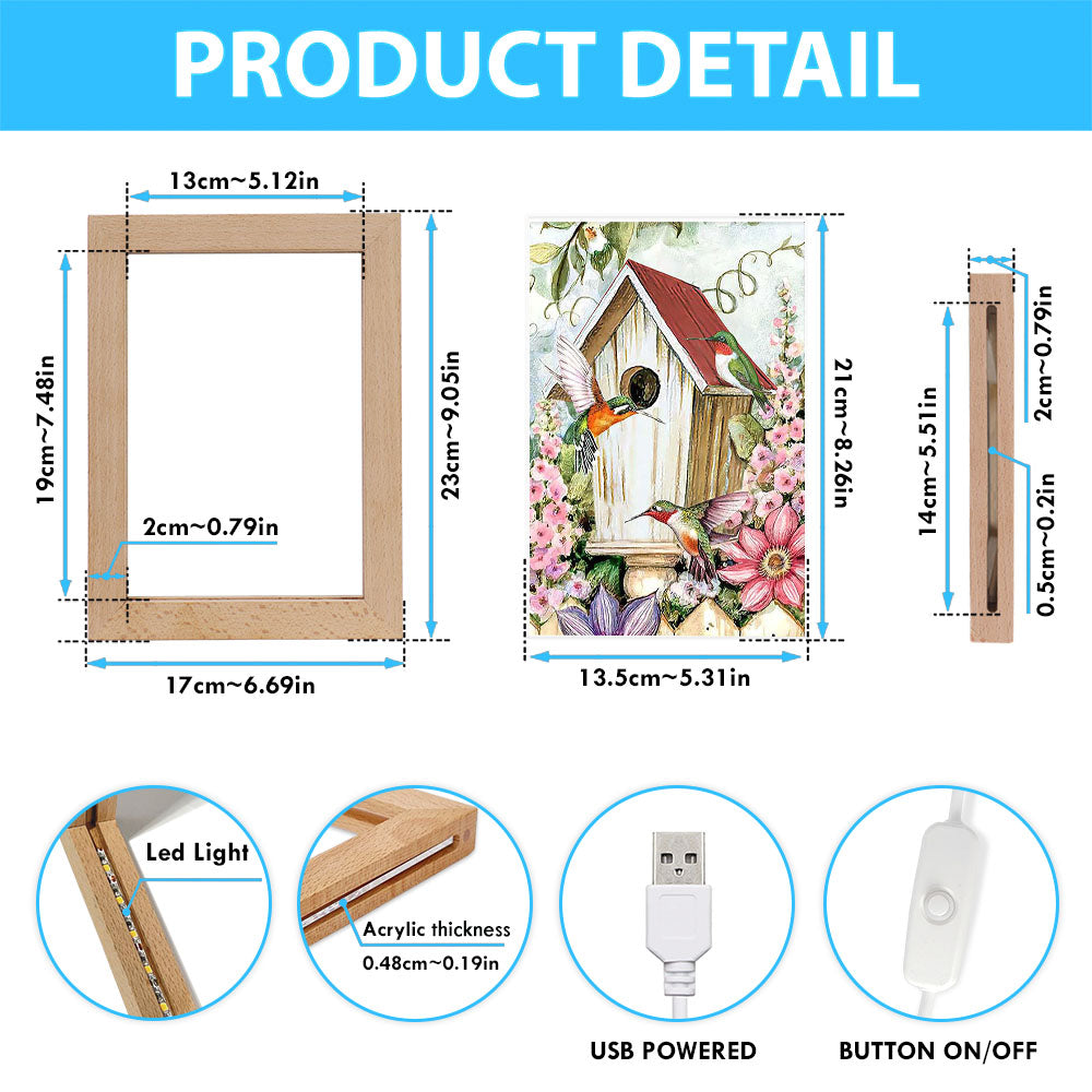 Birdhouse Hummingbird Pink Flower Garden Frame Lamp Art - Christian Night Light - Bible Verse Wooden Lamp