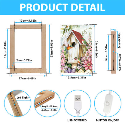 Birdhouse Hummingbird Pink Flower Garden Frame Lamp Art - Christian Night Light - Bible Verse Wooden Lamp