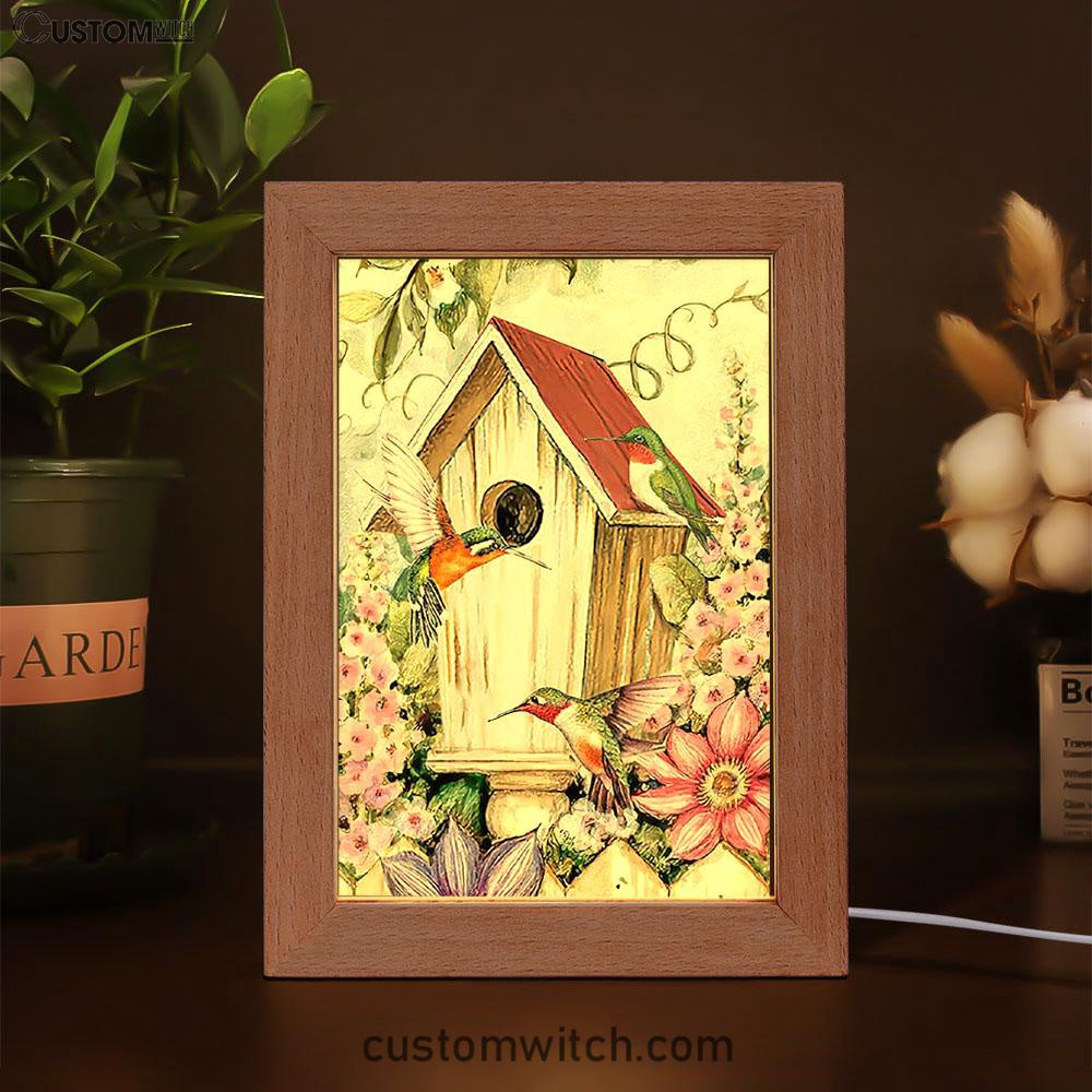 Birdhouse Hummingbird Pink Flower Garden Frame Lamp Art - Christian Night Light - Bible Verse Wooden Lamp