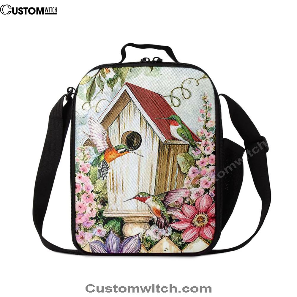 Birdhouse Hummingbird Pink Flower Garden Lunch Bag, Christian Lunch Bag For School, Picnic, Religious Lunch Bag