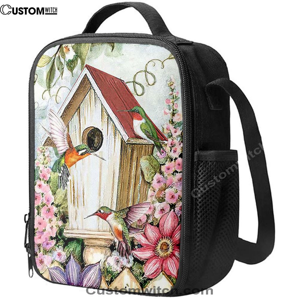 Birdhouse Hummingbird Pink Flower Garden Lunch Bag, Christian Lunch Bag For School, Picnic, Religious Lunch Bag