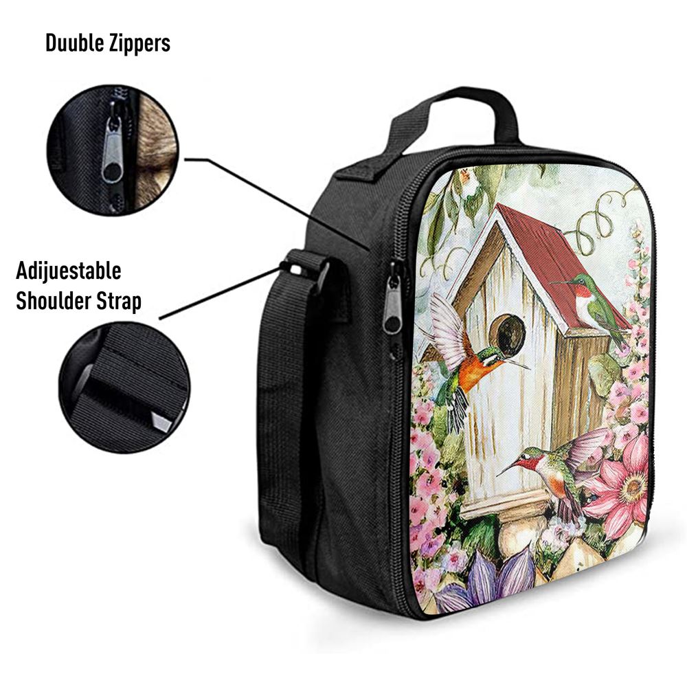 Birdhouse Hummingbird Pink Flower Garden Lunch Bag, Christian Lunch Bag For School, Picnic, Religious Lunch Bag