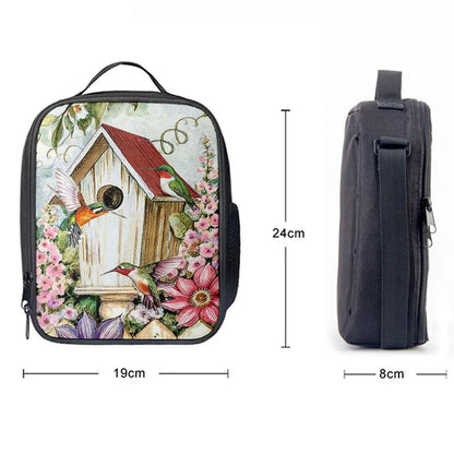 Birdhouse Hummingbird Pink Flower Garden Lunch Bag, Christian Lunch Bag For School, Picnic, Religious Lunch Bag