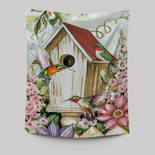 Birdhouse Hummingbird Pink Flower Garden Tapestry Wall Art - Christian Tapestries Prints - Bible Verse Tapestry Art