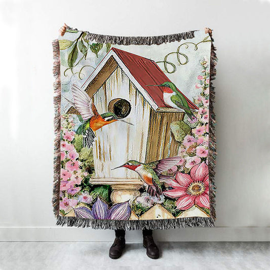 Birdhouse Hummingbird Pink Flower Garden Woven Throw Blanket - Christian Woven Blanket Prints - Bible Verse Woven Blanket Art
