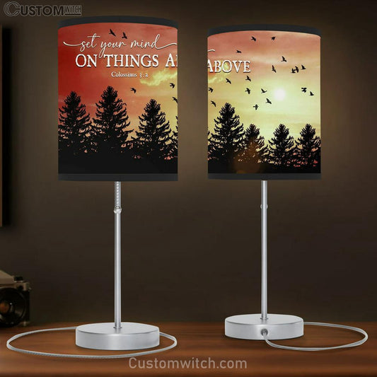 Birds Sunset Forest Set Your Mind On Things Above Table Lamb Print - Inspirational Table Lamb Art - Scripture Lamb Gift