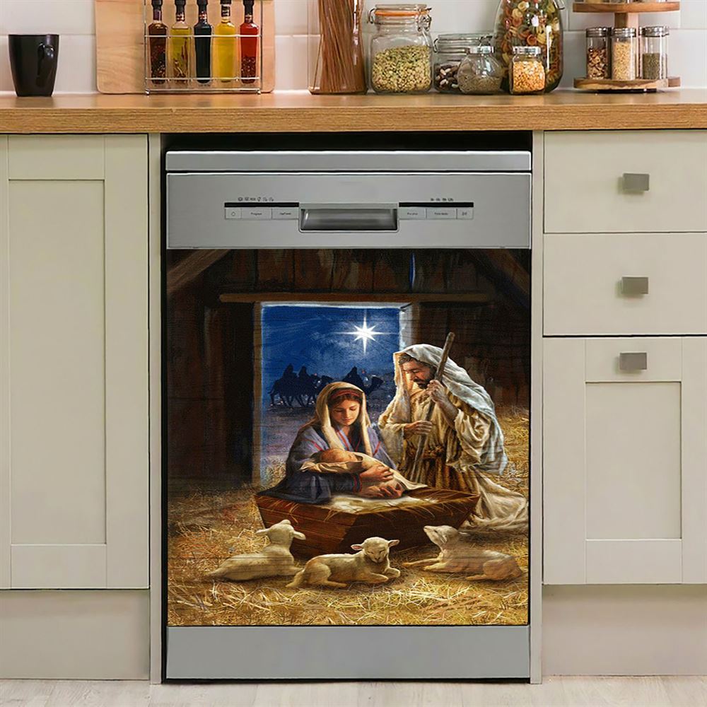 Birth Of Jesus Lamb Dishwasher Cover, Bible Verse Dishwasher Magnet Cover, Inspirational Kitchen Decor