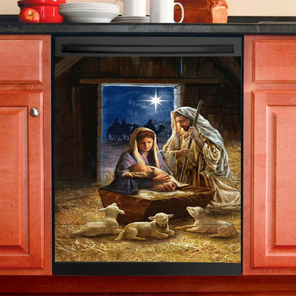 Birth Of Jesus Lamb Dishwasher Cover, Bible Verse Dishwasher Magnet Cover, Inspirational Kitchen Decor