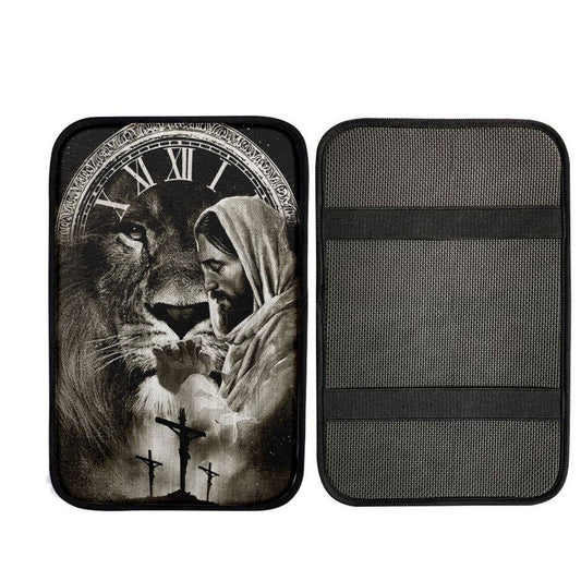 Black And White Drawing Jesus Pray For Healing Lion Of Judah Cross Car Center Console Cover, Car Armrest Pad, Christian Gift, Armrest Box Mat