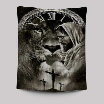 Black And White Drawing Jesus Pray For Healing Lion Of Judah Cross Tapestry