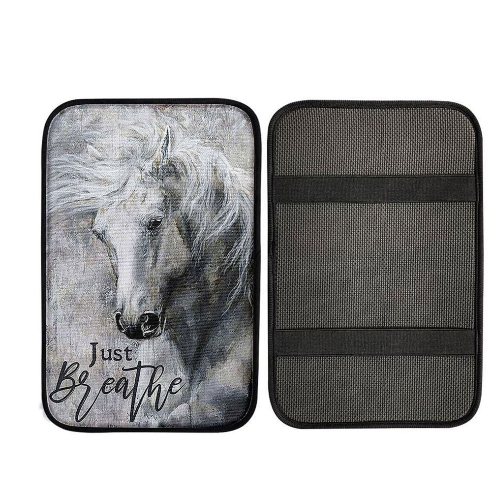 Black And White Horse Just Breathe Car Center Console Cover, Christian Auto Armrest Cover