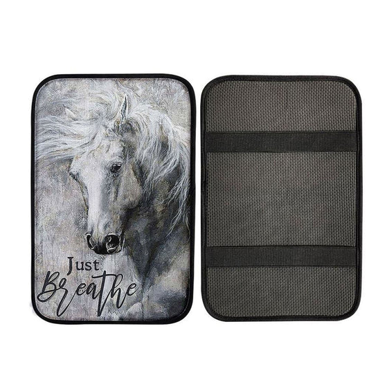 Black And White Horse Just Breathe Car Center Console Cover, Christian Auto Armrest Cover