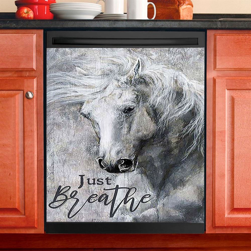 Black And White Horse Just Breathe Dishwasher Cover, Christian Dishwasher Magnet Cover, Gift For Horse Lover