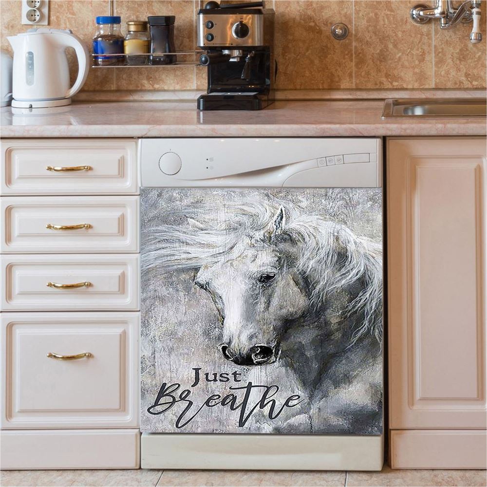 Black And White Horse Just Breathe Dishwasher Cover, Christian Dishwasher Magnet Cover, Gift For Horse Lover