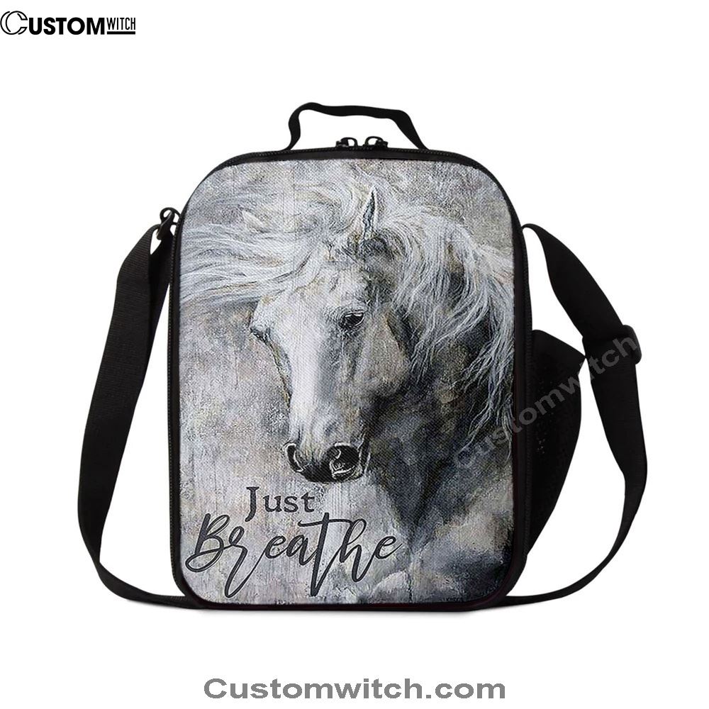 Black And White Horse Just Breathe Lunch Bag, Christian Lunch Bag For School, Picnic, Religious Lunch Bag