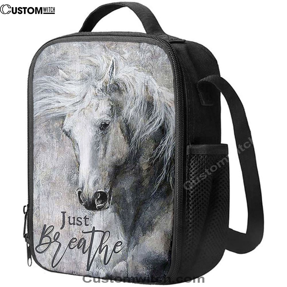Black And White Horse Just Breathe Lunch Bag, Christian Lunch Bag For School, Picnic, Religious Lunch Bag