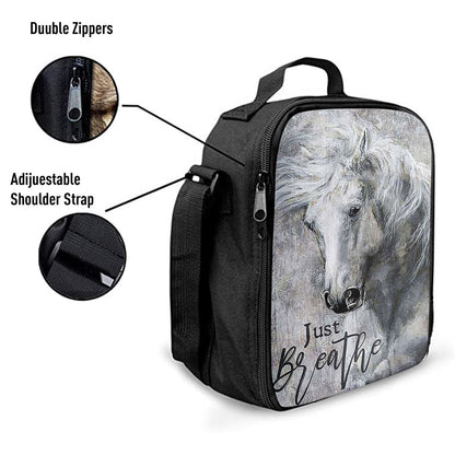 Black And White Horse Just Breathe Lunch Bag, Christian Lunch Bag For School, Picnic, Religious Lunch Bag