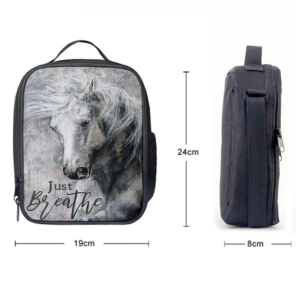 Black And White Horse Just Breathe Lunch Bag, Christian Lunch Bag For School, Picnic, Religious Lunch Bag